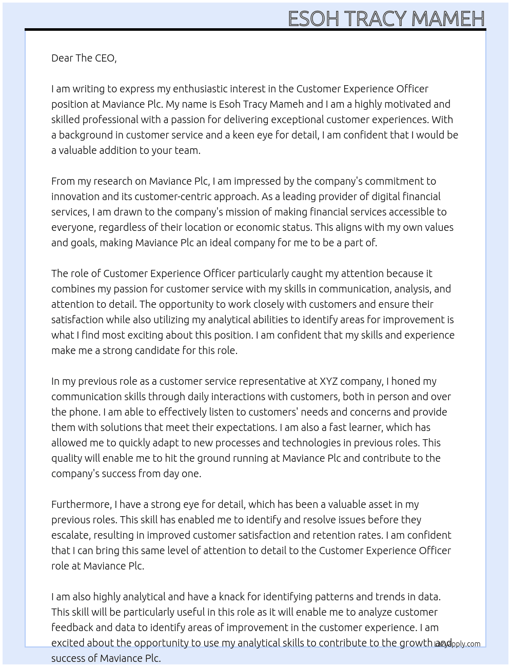 Customer Experience Officer At Maviance Plc Cover Letter
