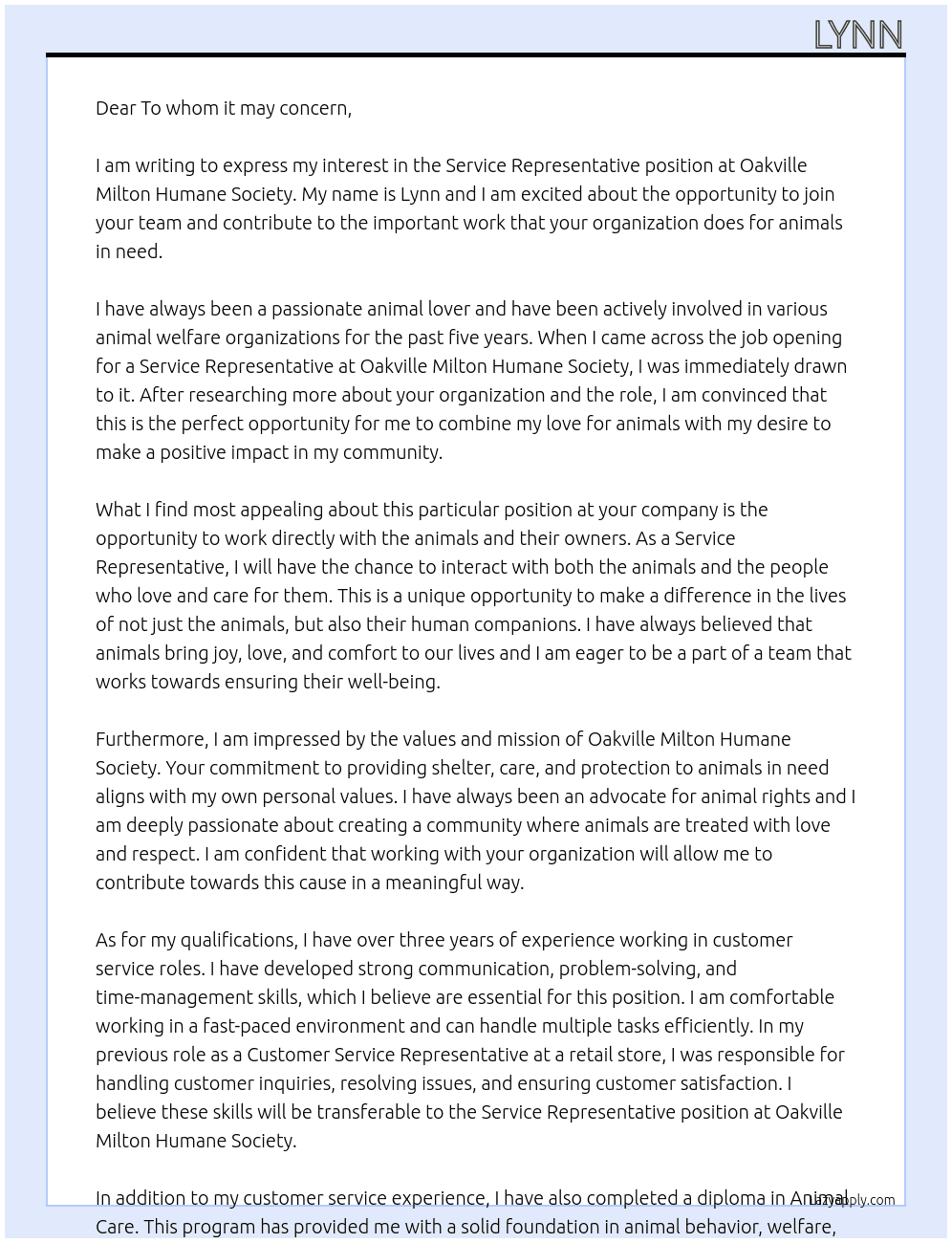Service Representative At Oakville Milton Humane Society Cover Letter