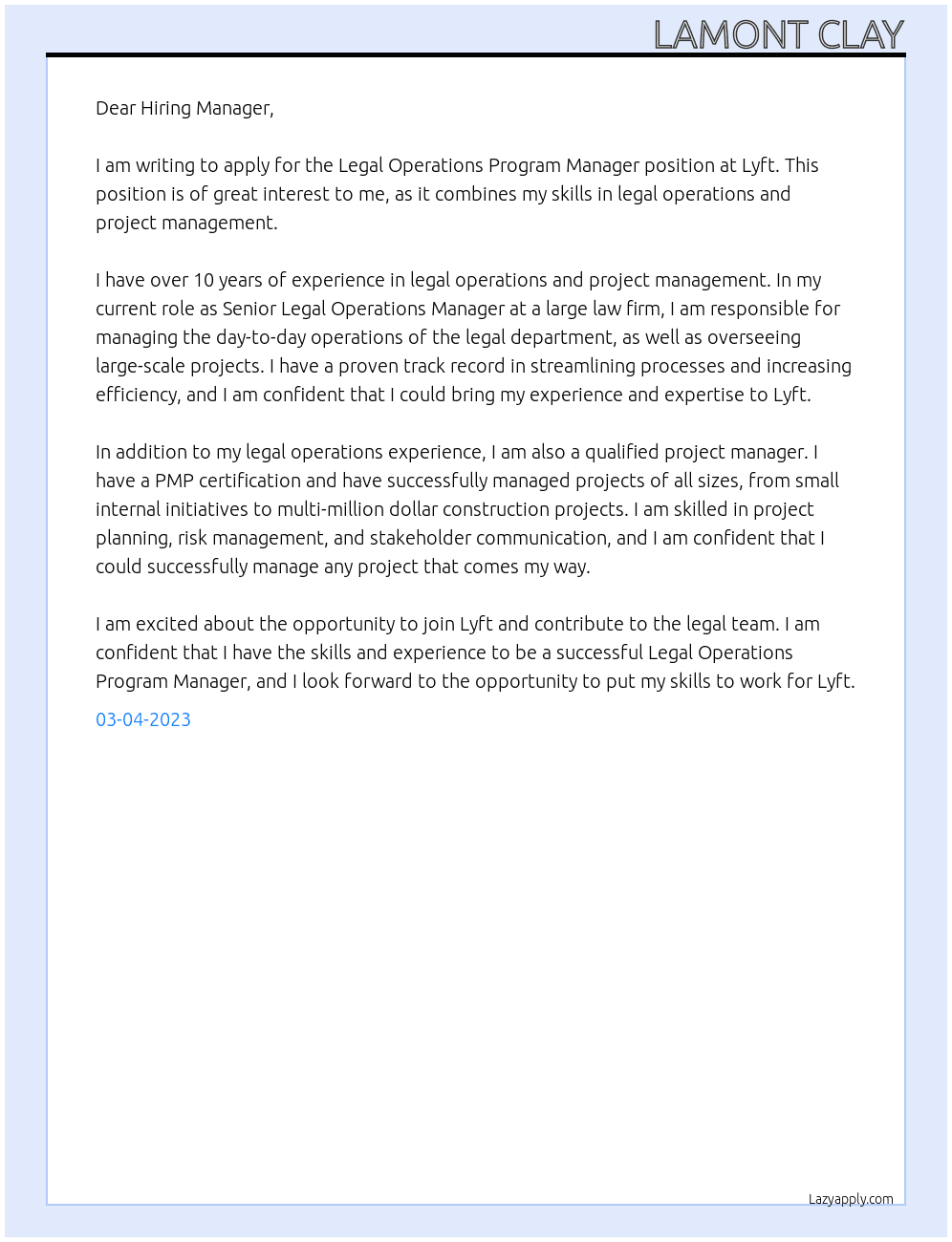 Legal Operations Program Manager At Lyft Cover Letter