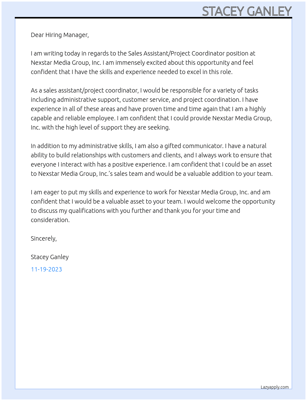 Sales Assistant/Project Coordinator At Nexstar Media Group, Inc Cover Letter