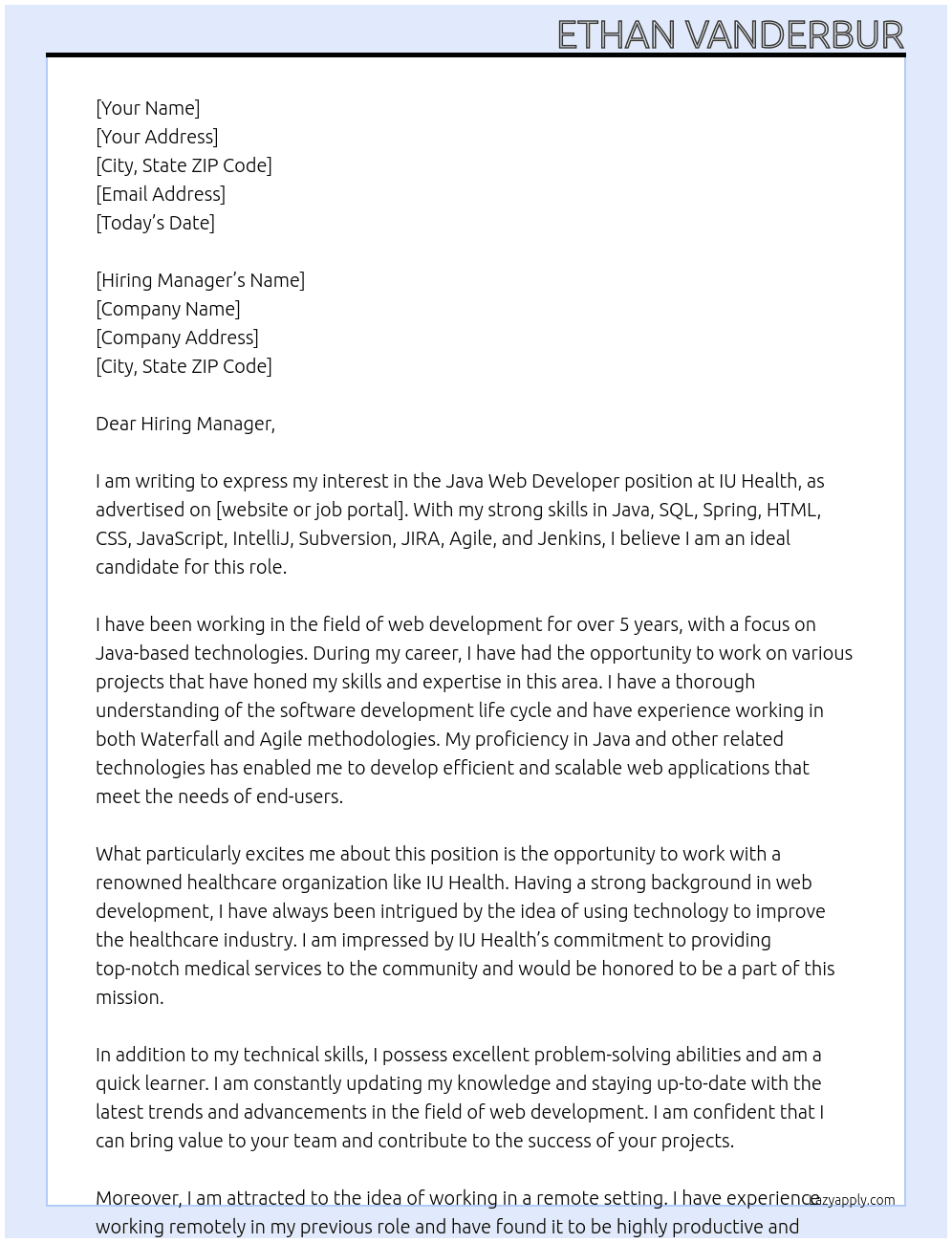 Java web developer At IU Health Cover Letter