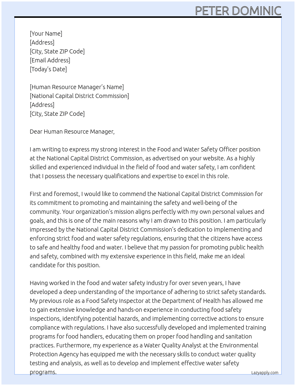 Food and water safety officer At NATIONAL CAPITAL DISTRICT COMMISION Cover Letter