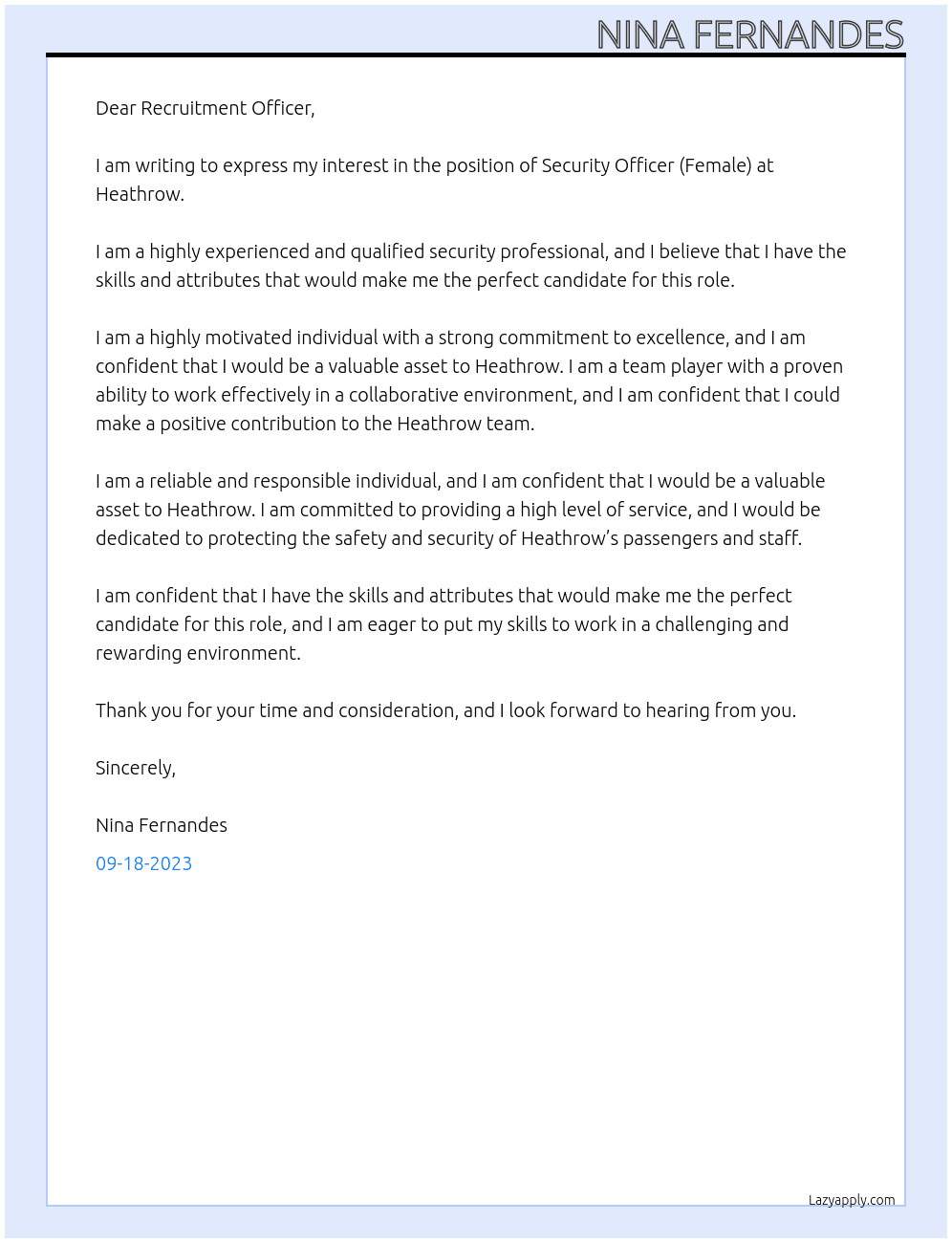 Security Officer (Female) At heathrow Cover Letter