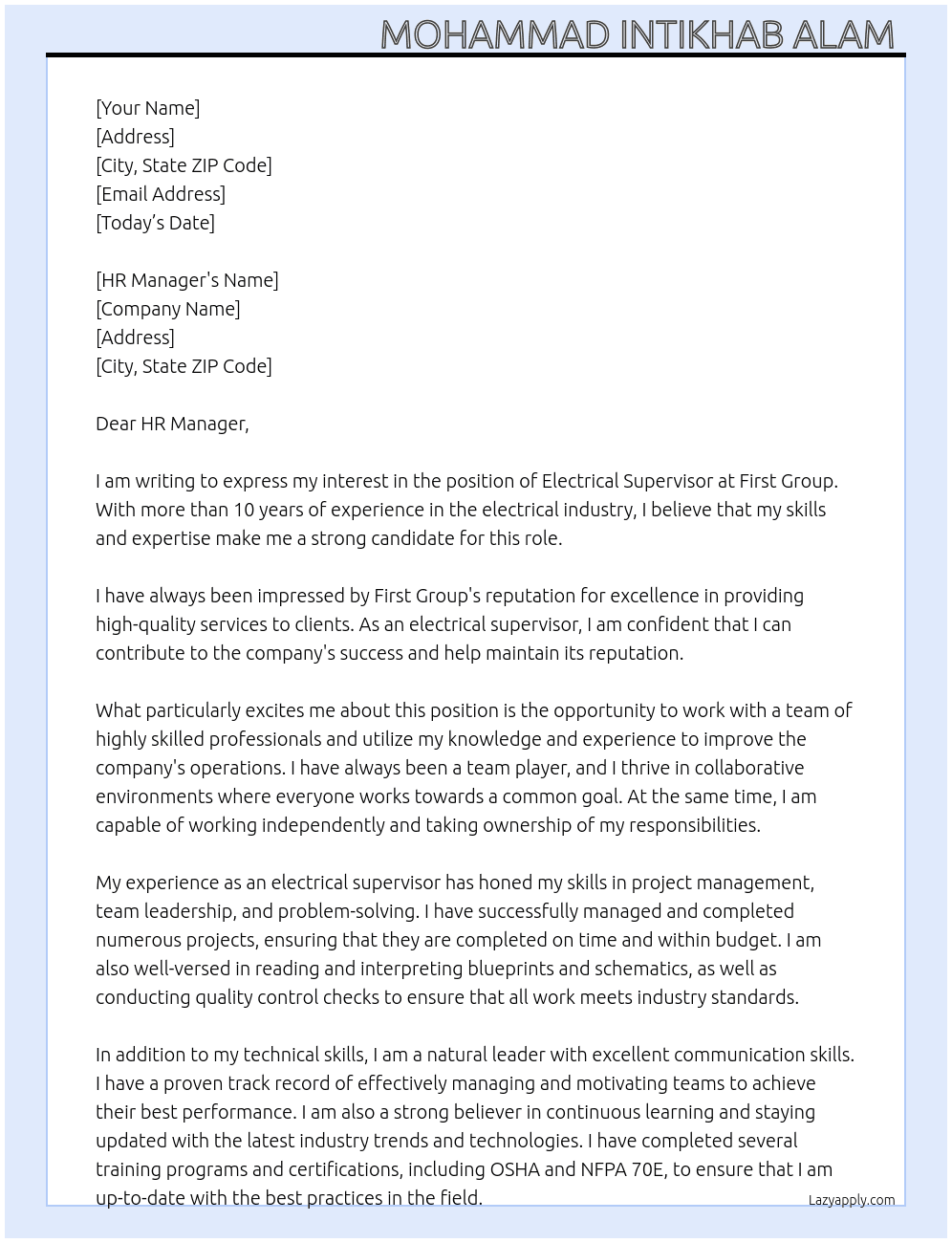 Electrical supervisor  At First group  Cover Letter