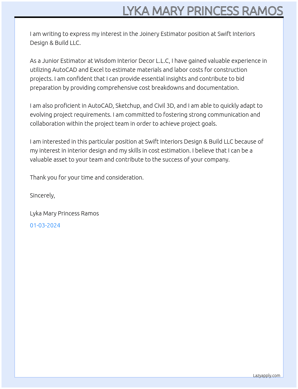 Joinery Estimator At Swift Interiors Design & Build LLC Cover Letter