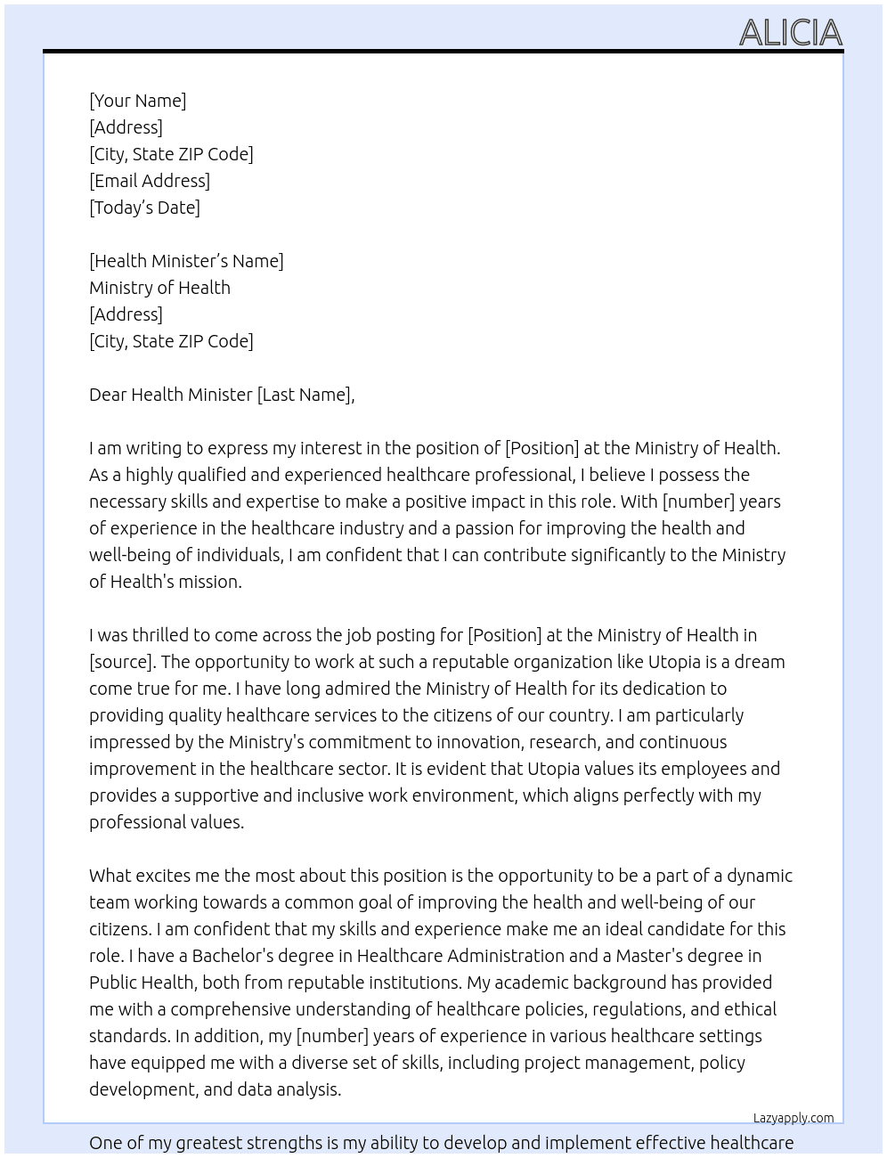 ministry of health At utopia Cover Letter