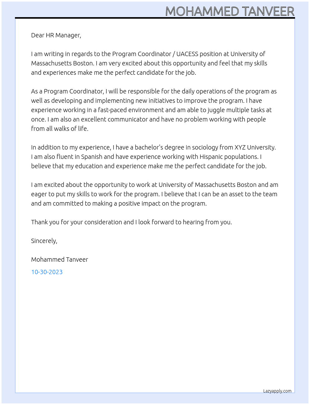 Program Coordinator / UACESS At University of Massachusetts Boston Cover Letter