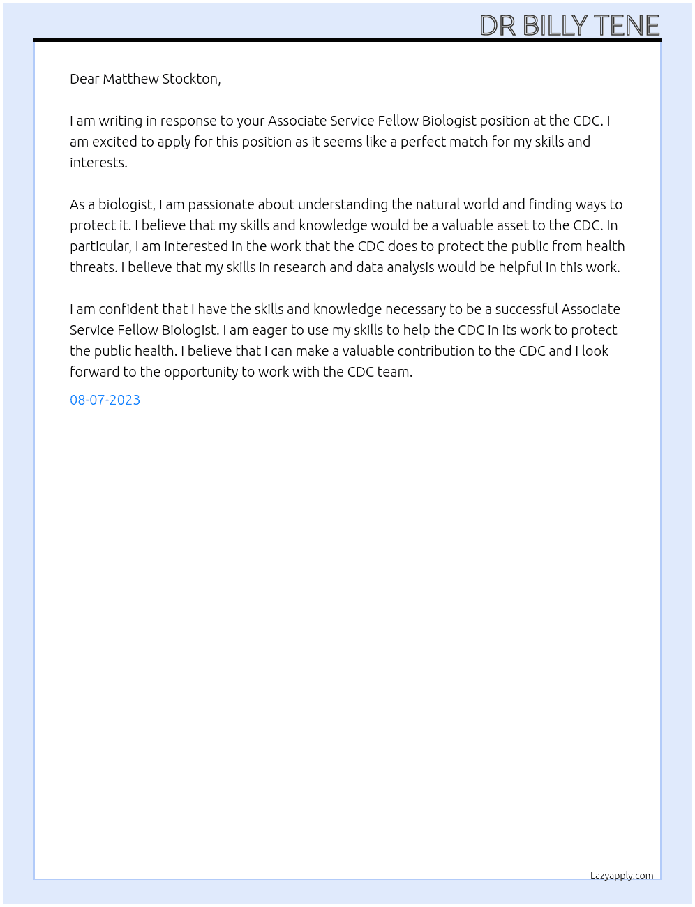 Associate Service Fellow Biologist At CDC Cover Letter