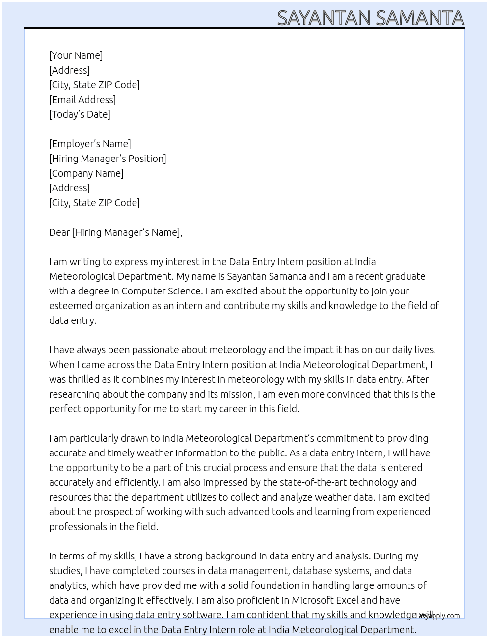 Data entry intern At India Meteorological Department Cover Letter