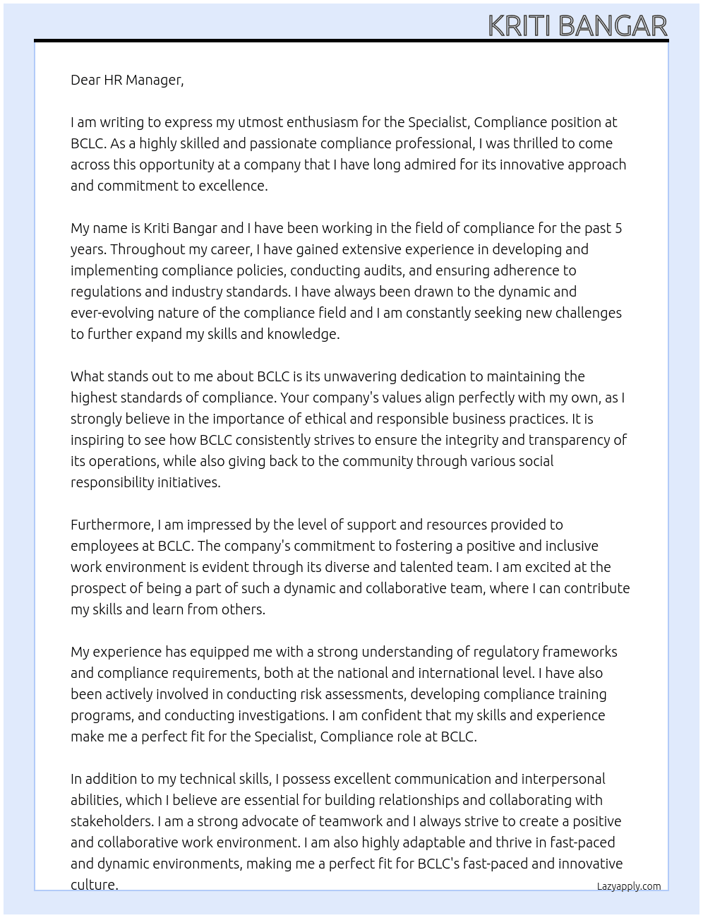 Specialist, Compliance At BCLC Cover Letter