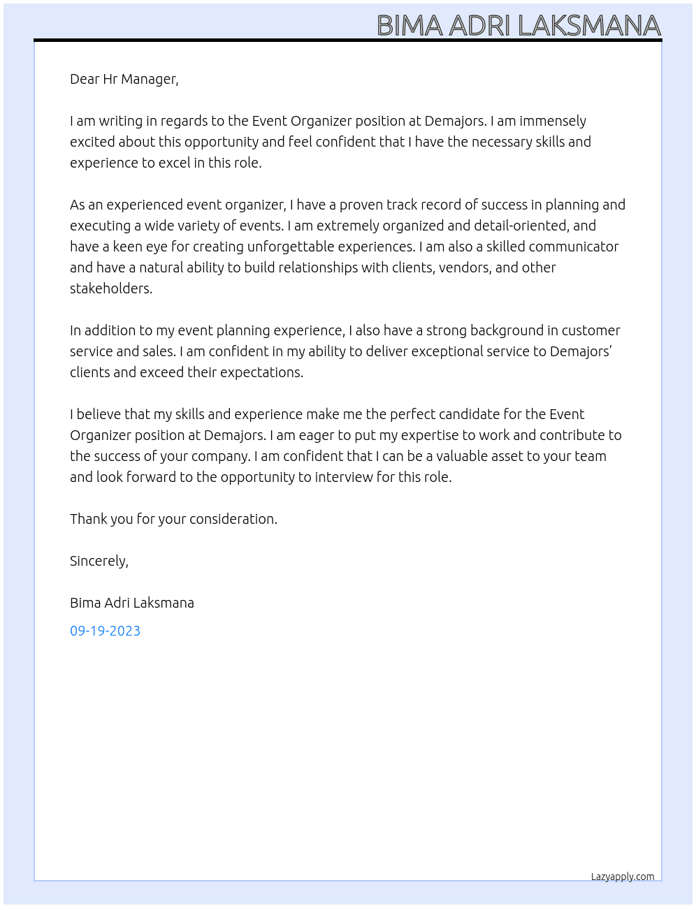 Event Organizer At Demajors Cover Letter
