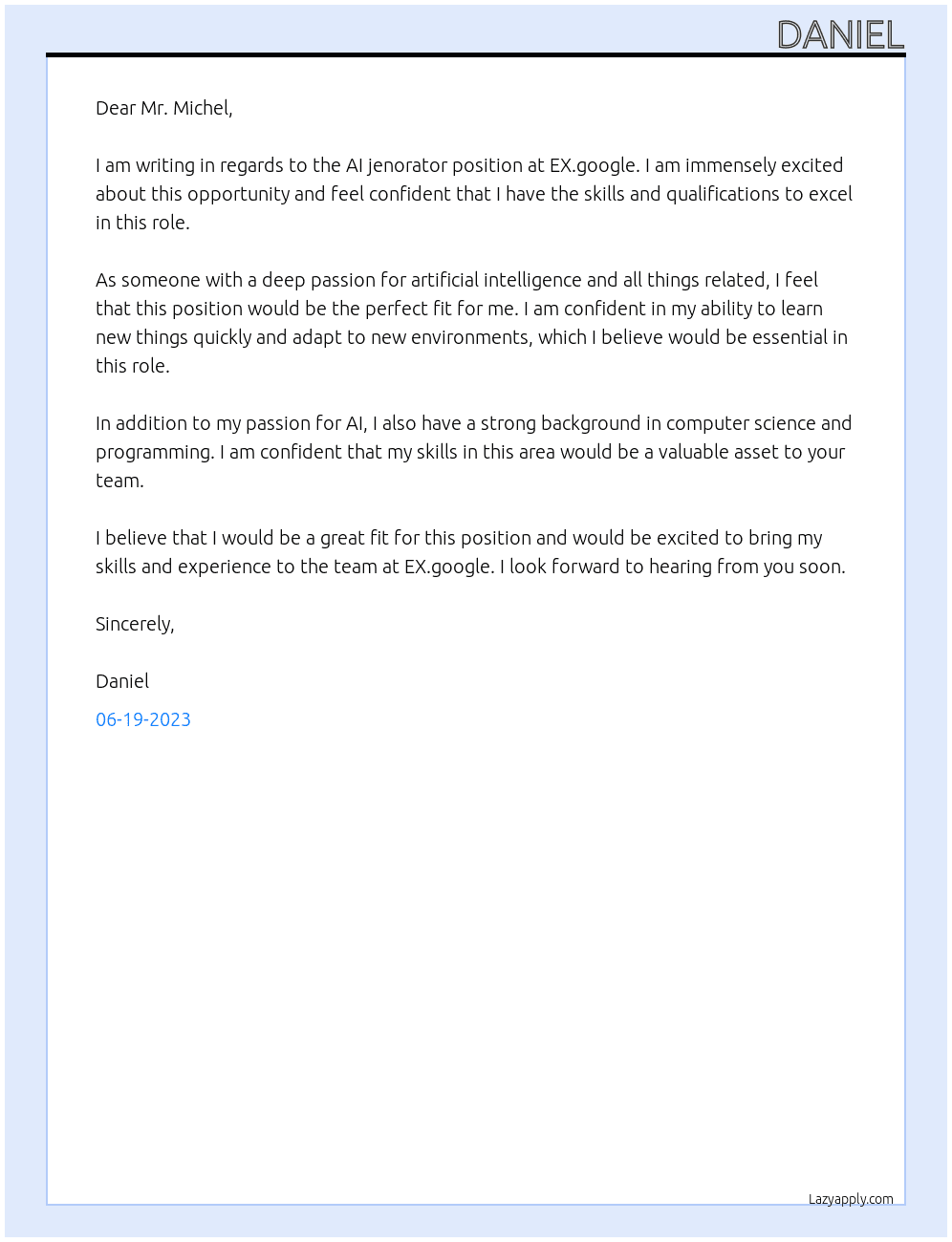 AI jenorator At EX.google Cover Letter