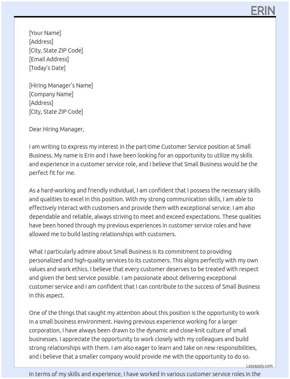 Customer service  At Small business  Cover Letter