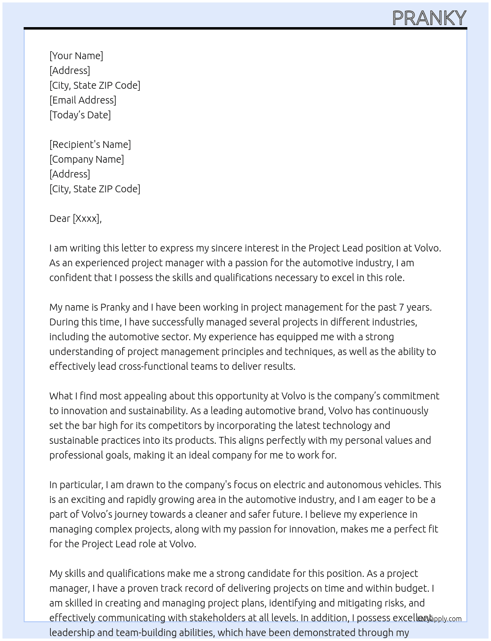 Project lead At Volvo Cover Letter