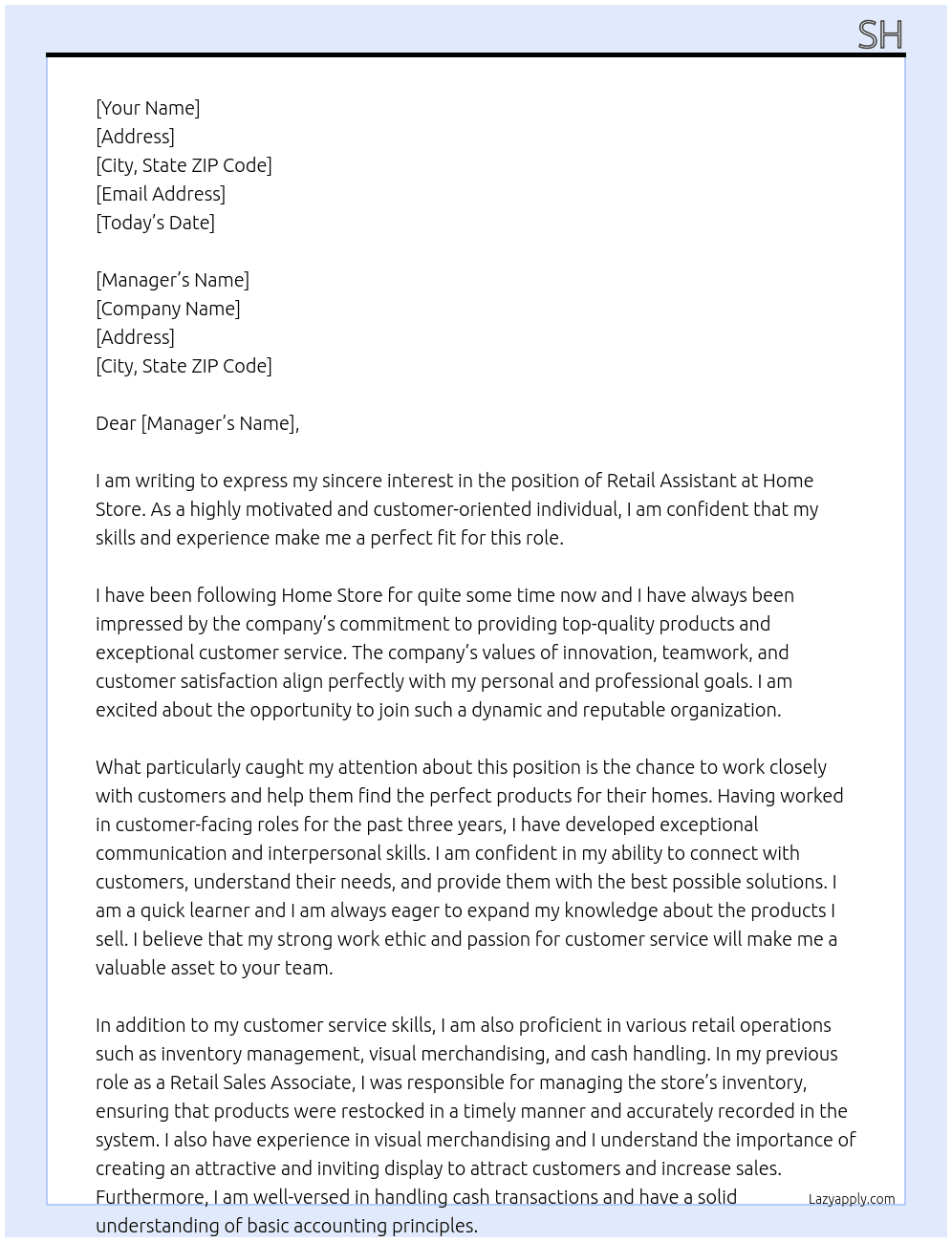 Retail assistant  At Home store Cover Letter