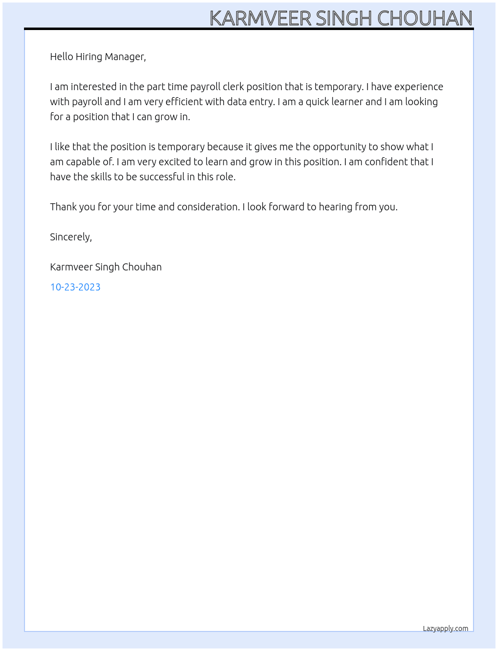 Part Time Payroll Clerk (Temporary) At sffa Cover Letter