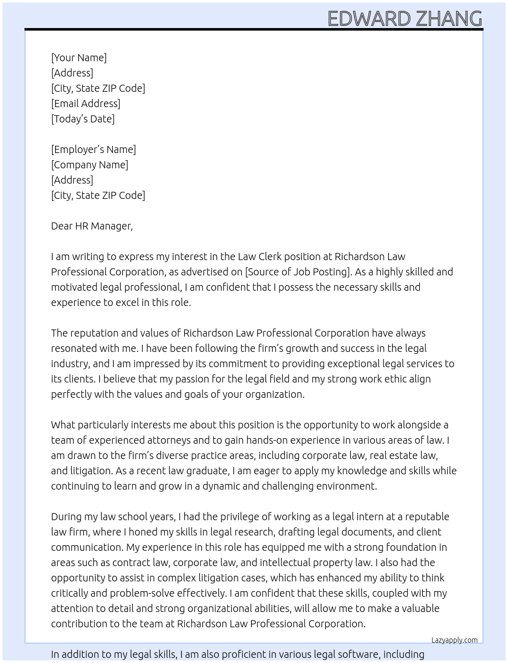 Law Clerk At Richardson Law Professional Corporation Cover Letter