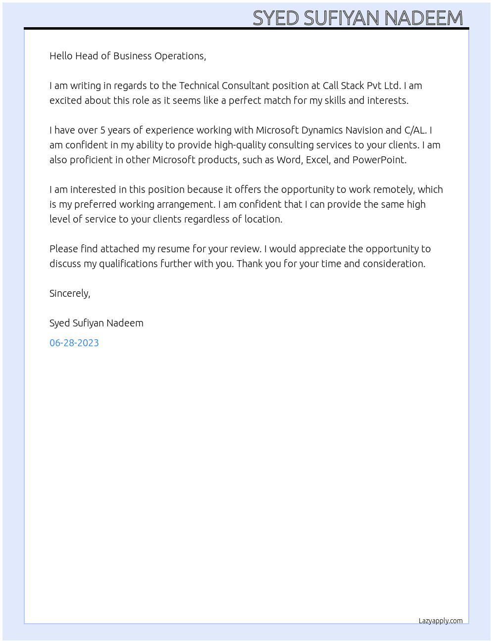 Technical consultant  At Call stack pvt ltd Cover Letter