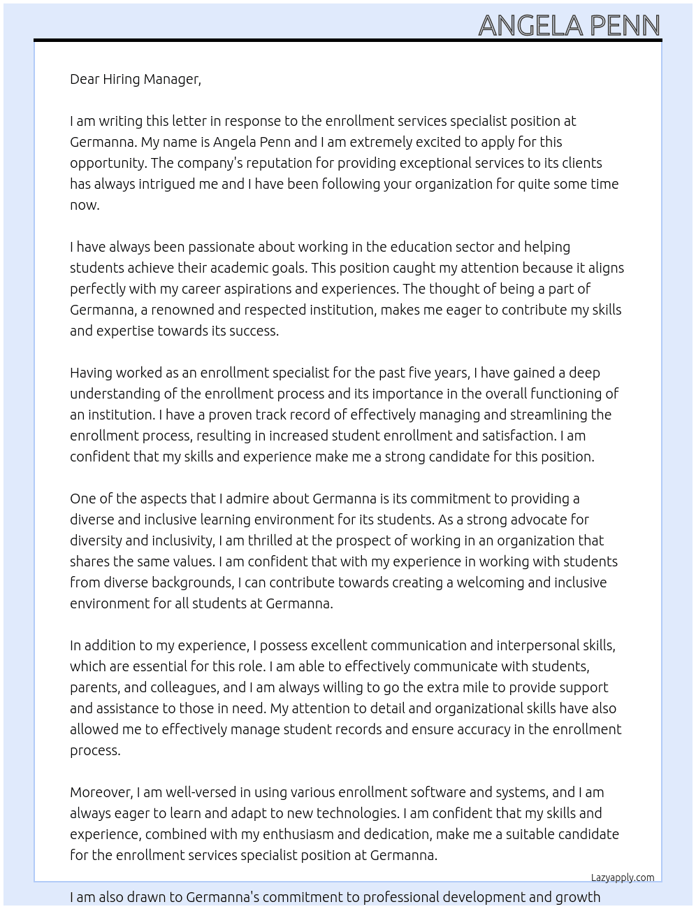enrollment services specialist  At germanna  Cover Letter