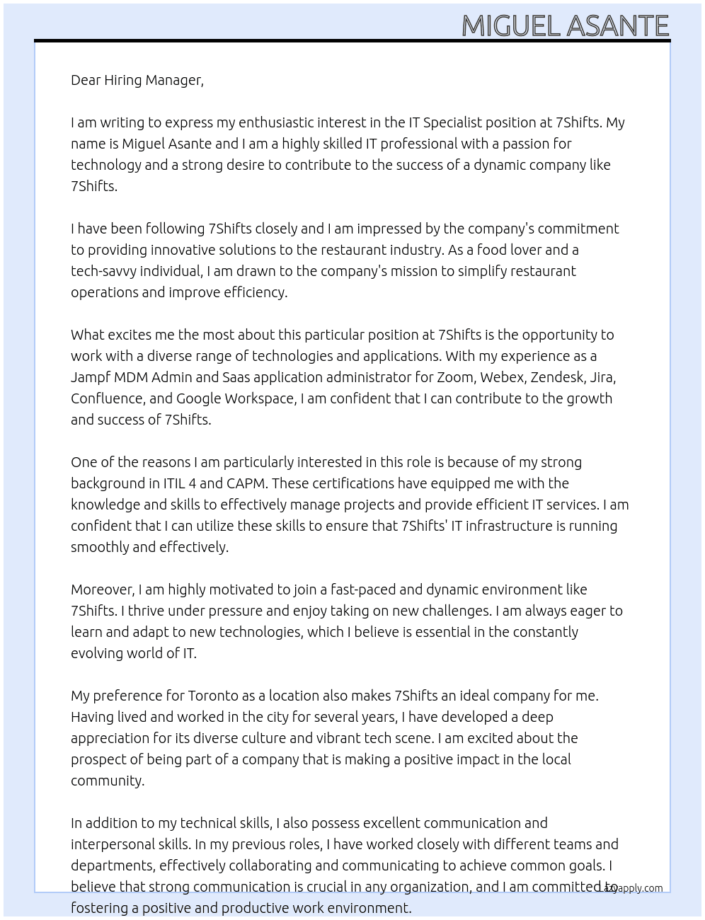 IT Specialist At 7Shifts Cover Letter