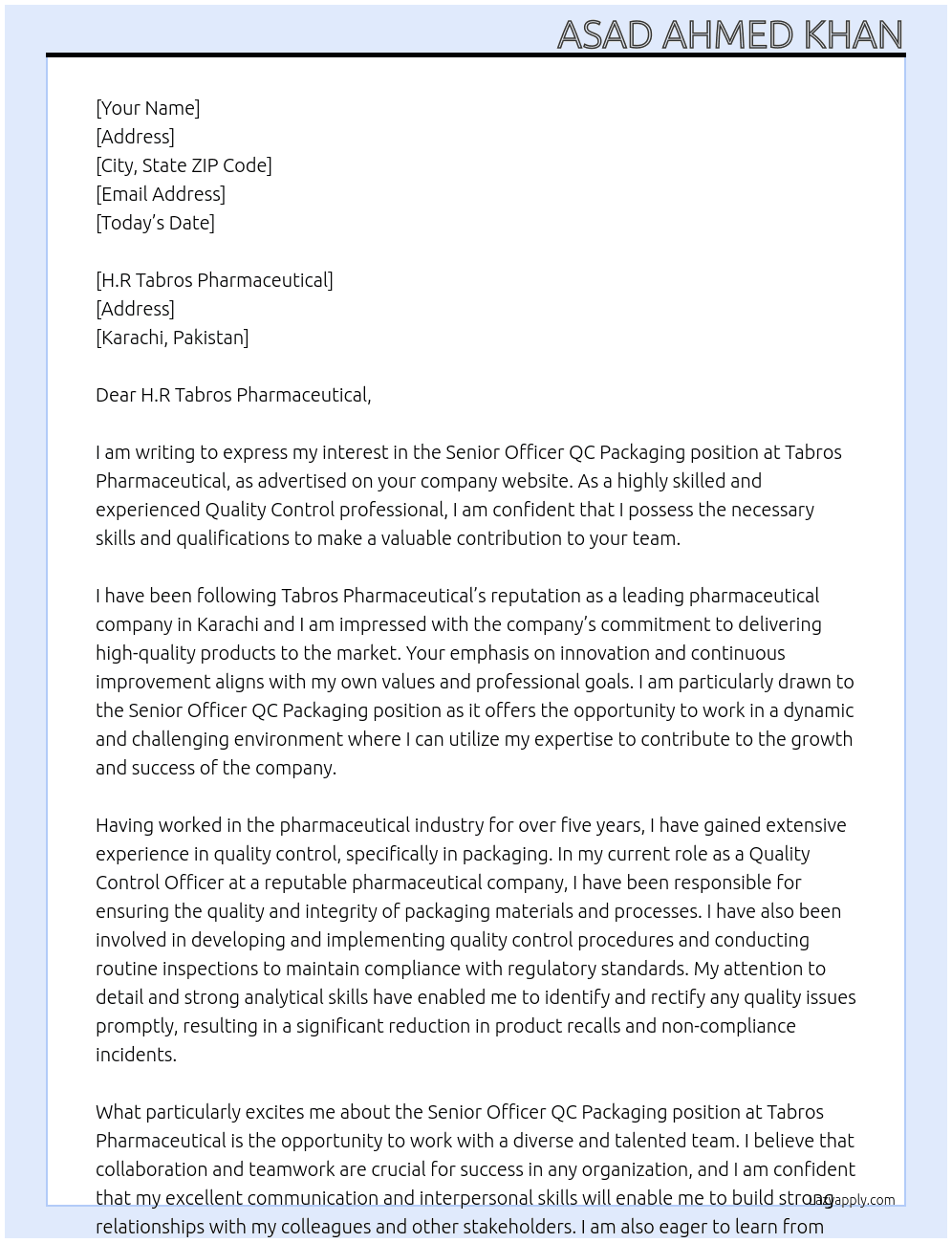 Sr. Officer QC Packaging  At Tabros Pharmaceutical Cover Letter