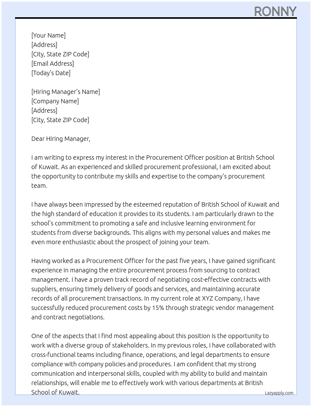 Procurement officer At British school of Kuwait Cover Letter