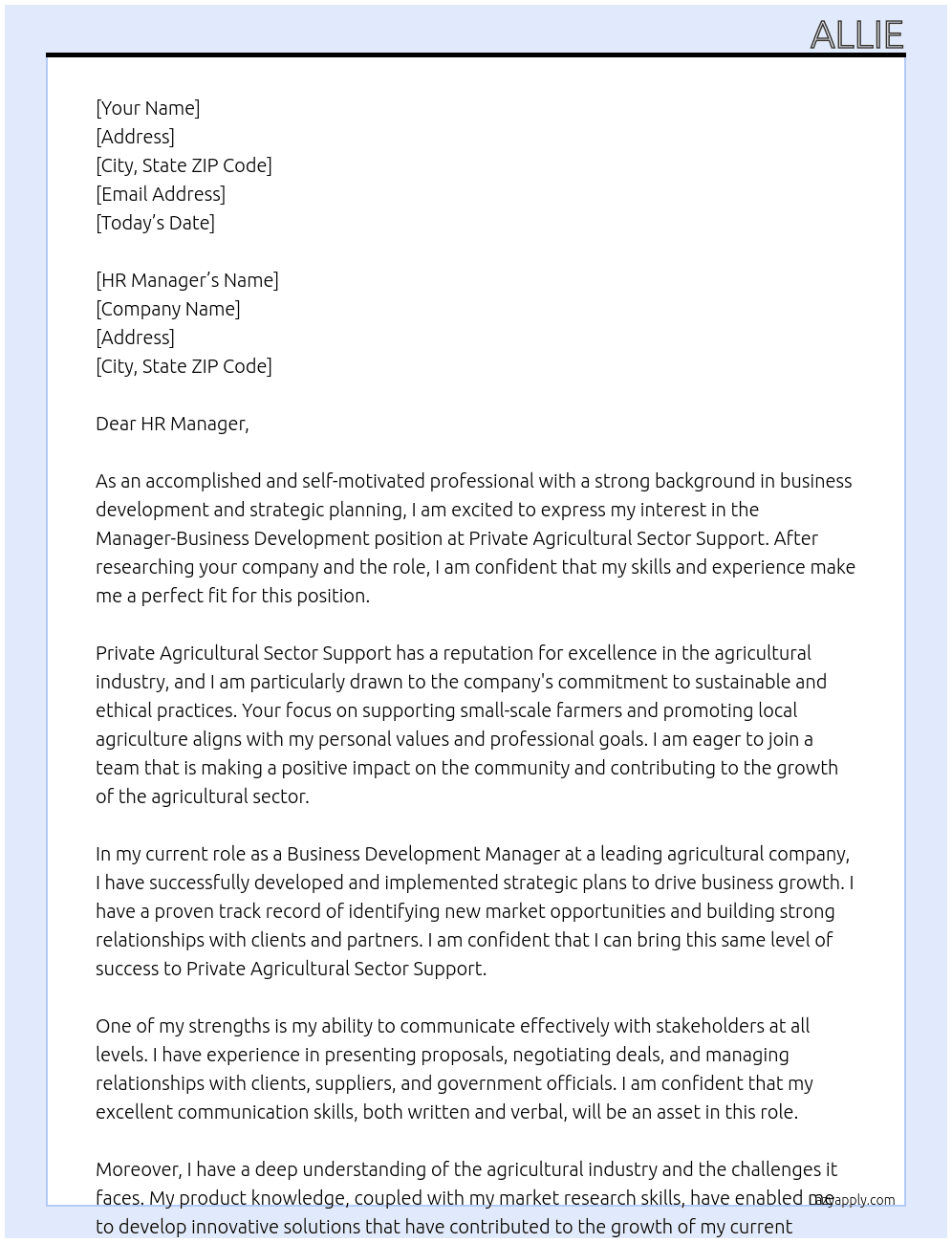 manager- business development At Private Agricultural Sector Support Cover Letter