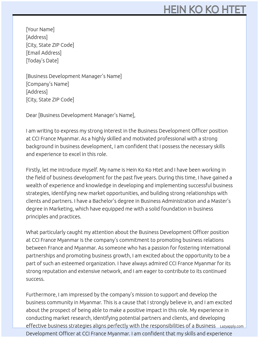 Business development officer  At CCI France Myanmar Cover Letter
