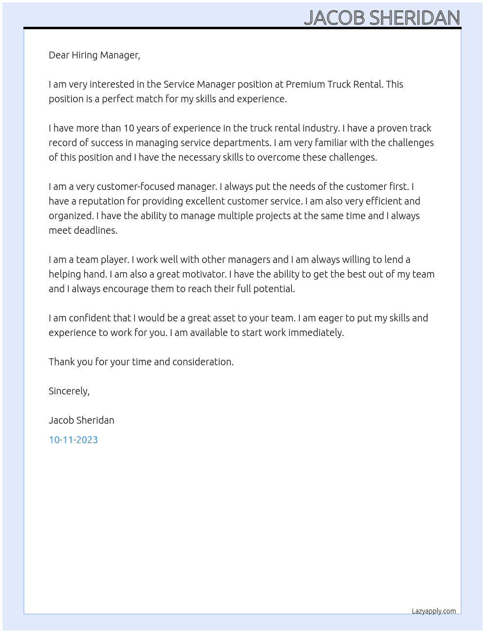 Service Manager At Premium Truck Rental Cover Letter