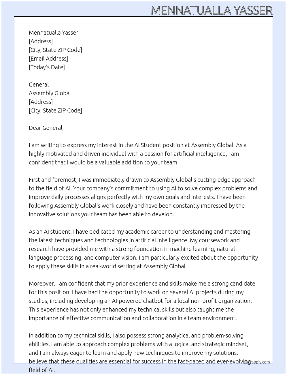 ai student At Programmatic Intern Programmatic Intern Assembly Global ·  Cover Letter