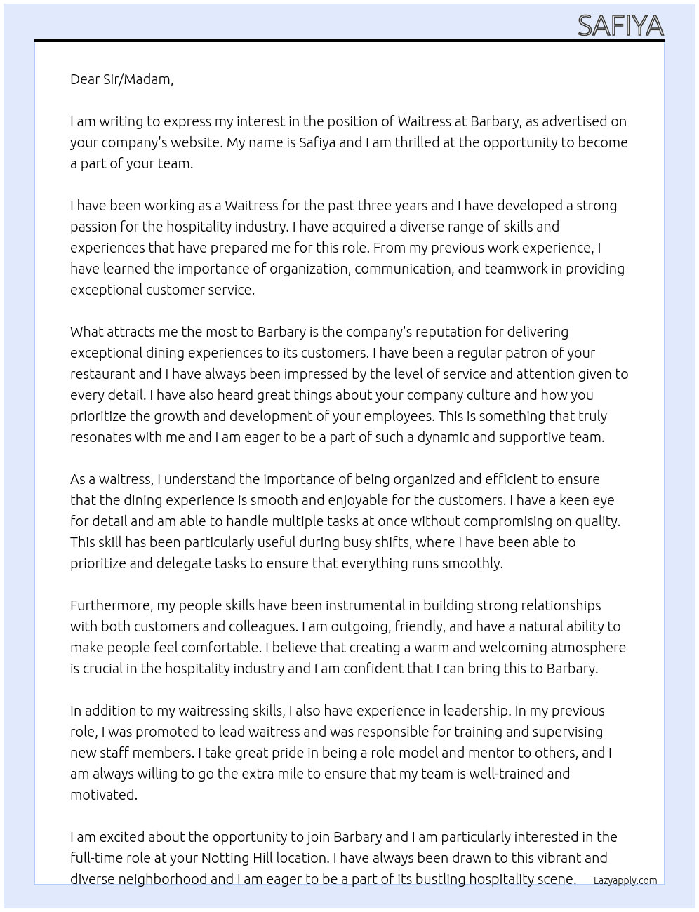 Waitress  At Barbary  Cover Letter