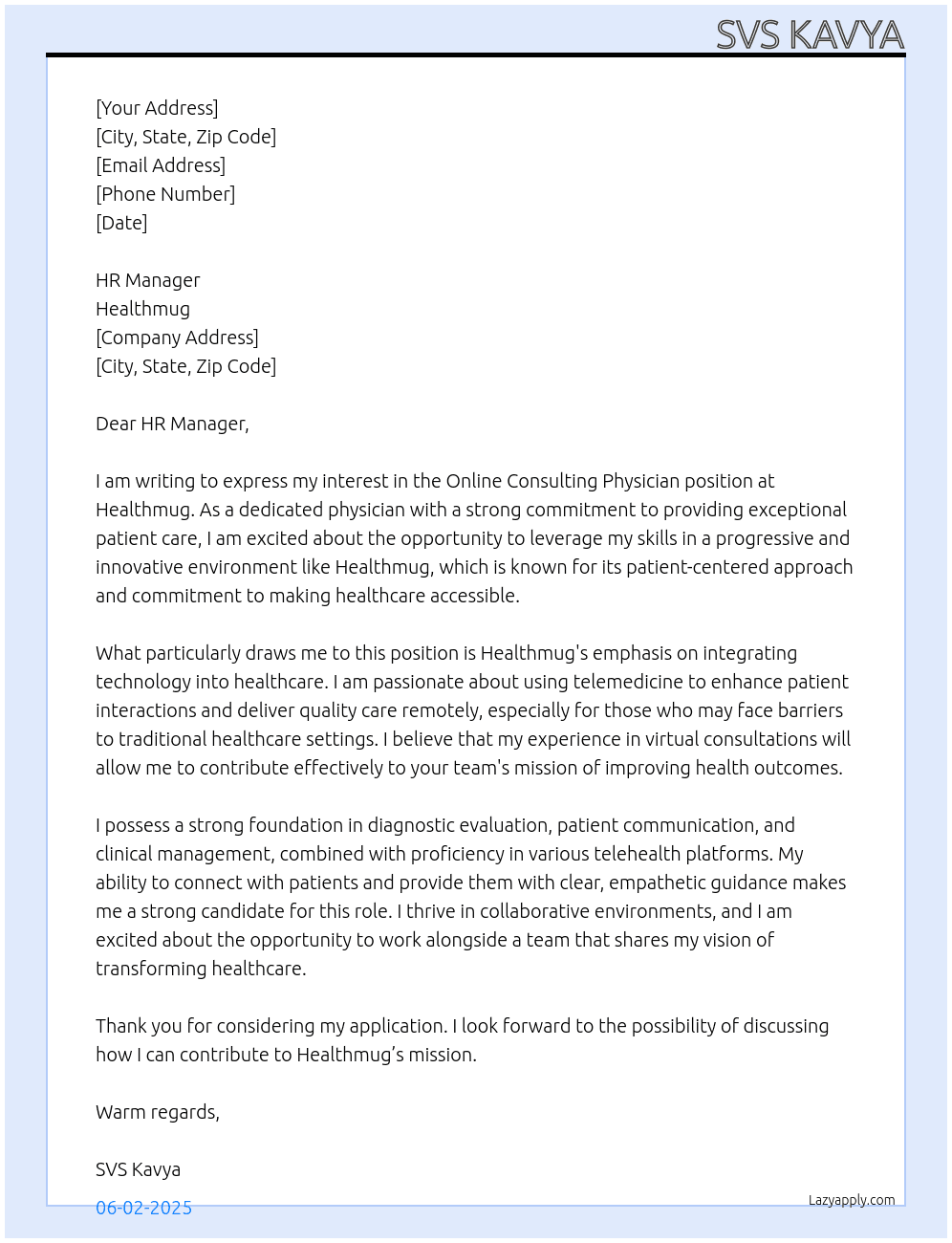 online consulting physician At Healthmug Cover Letter