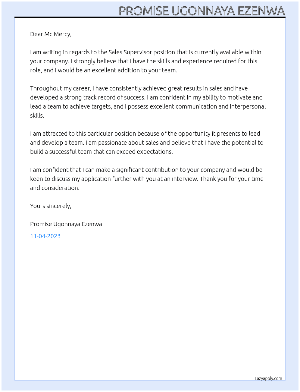 Sales Supervisor At Mc Mercy Cover Letter