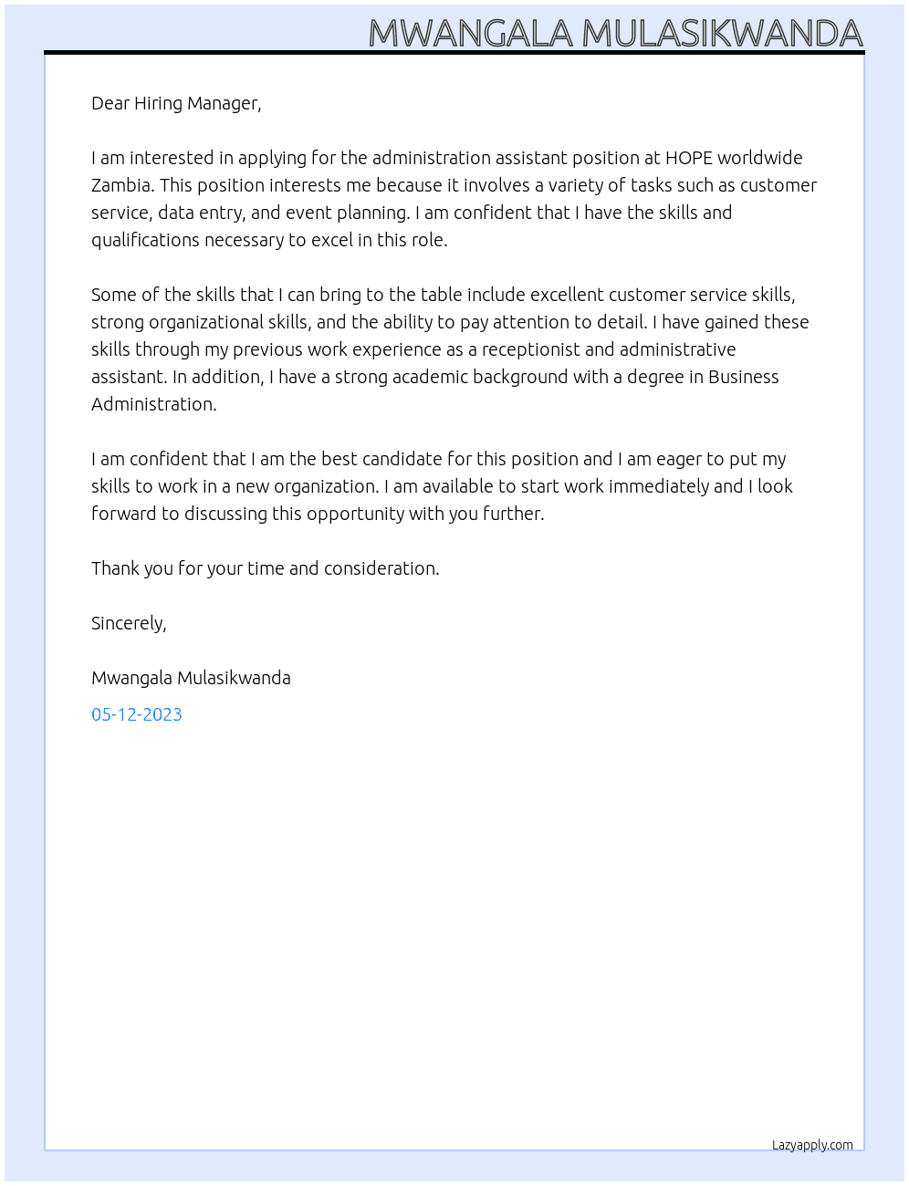 administration assitant At HOPE worldwide ZAMBIA Cover Letter