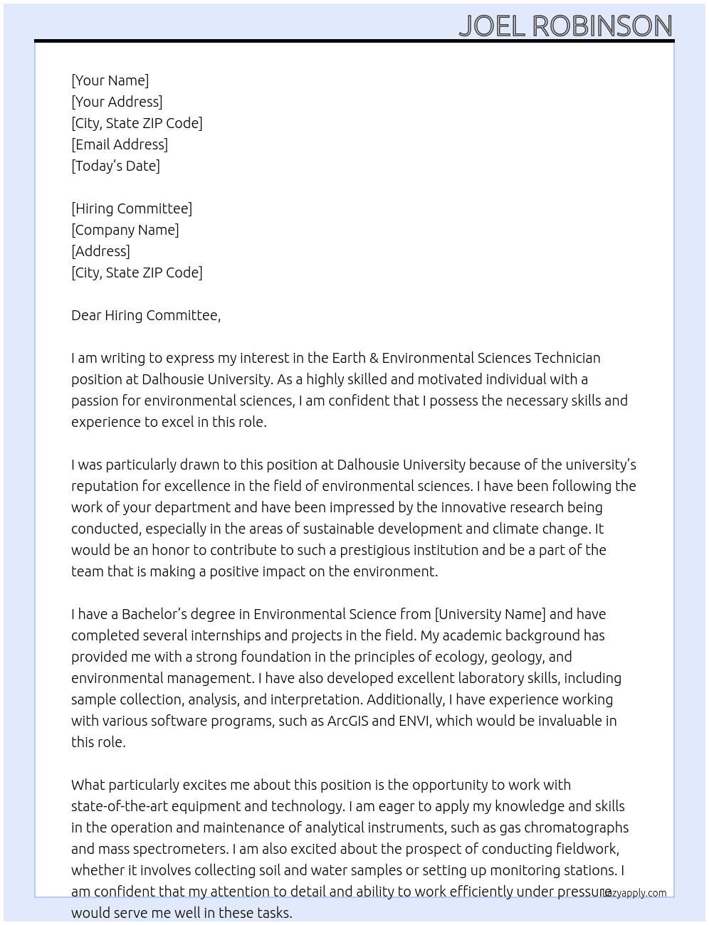 Earth & Environmental Sciences Technician  At Dalhousie University Cover Letter