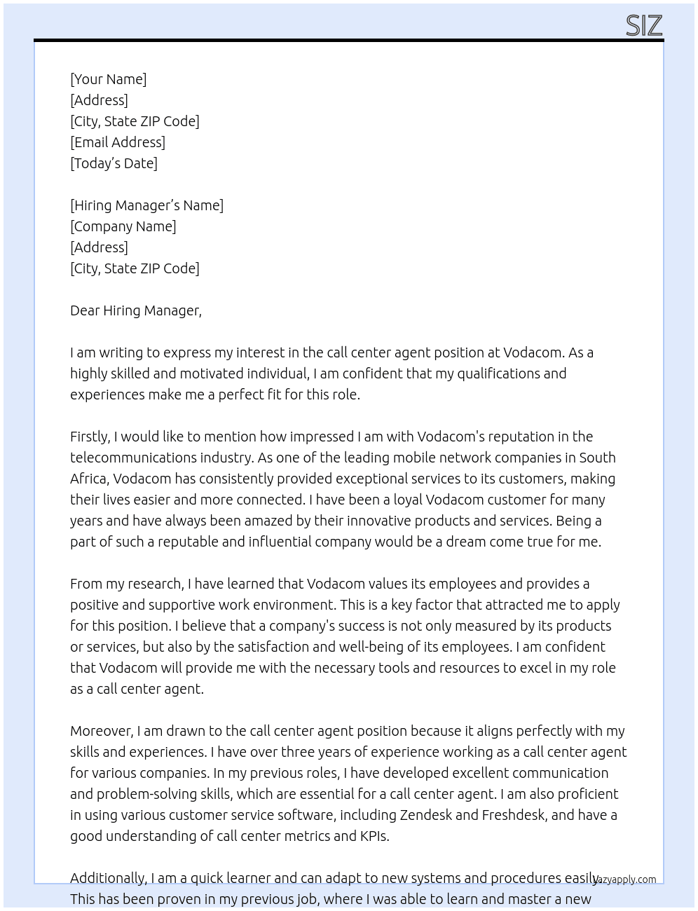 call center agent At Vodacom Cover Letter