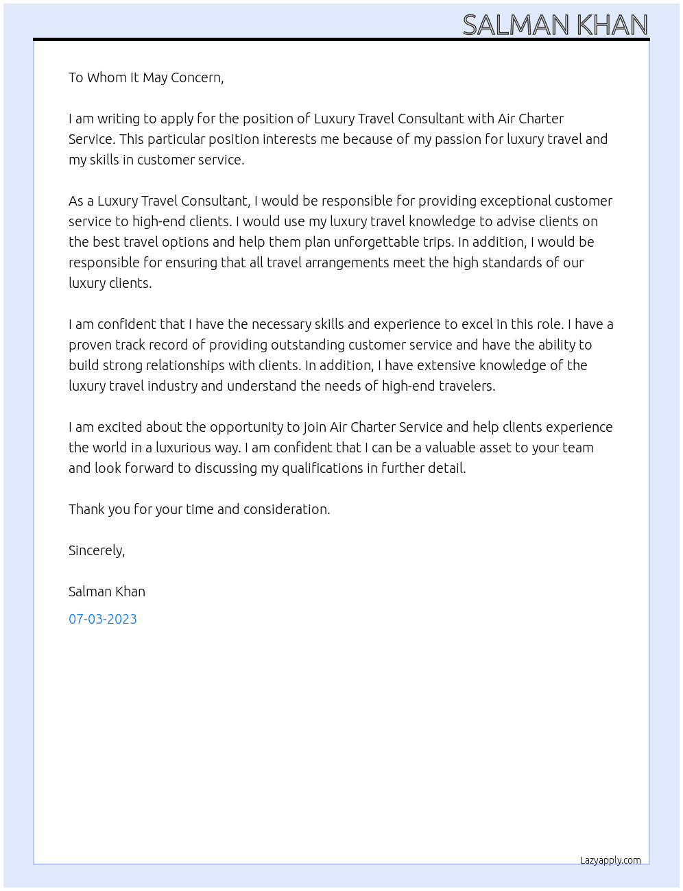 Luxury Travel Consultant At Air Charter Service Cover Letter