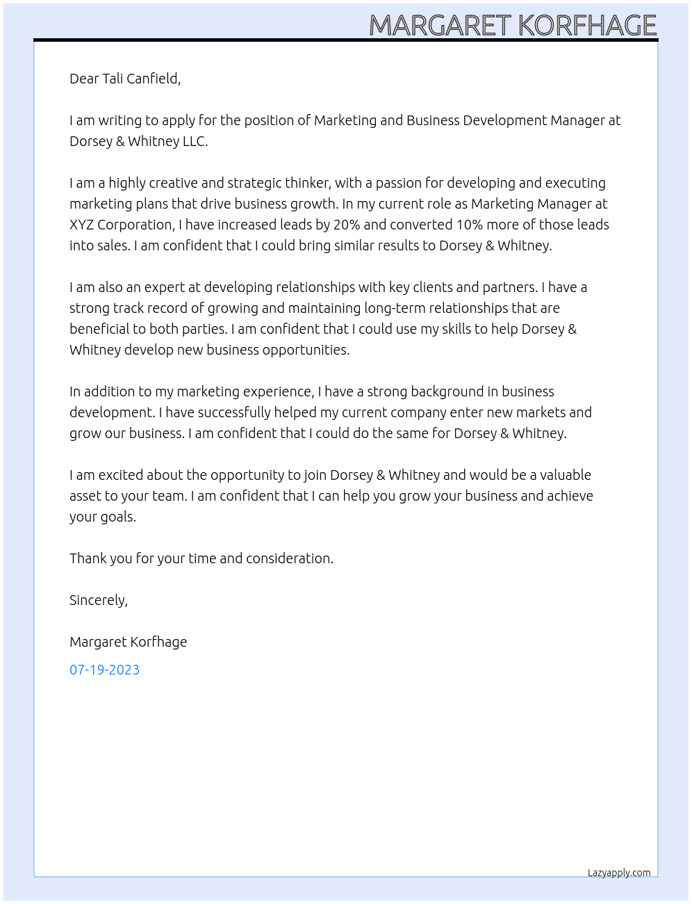 Marketing and Business Development Manager At Dorsey & Whitney LLC Cover Letter