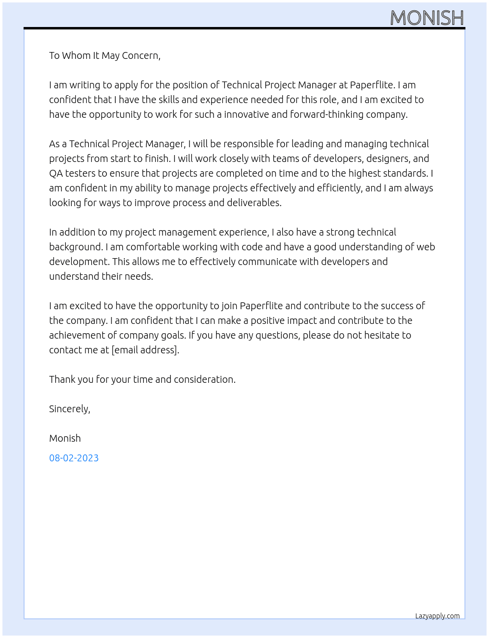 Technical Project Manage At Paperflite Cover Letter