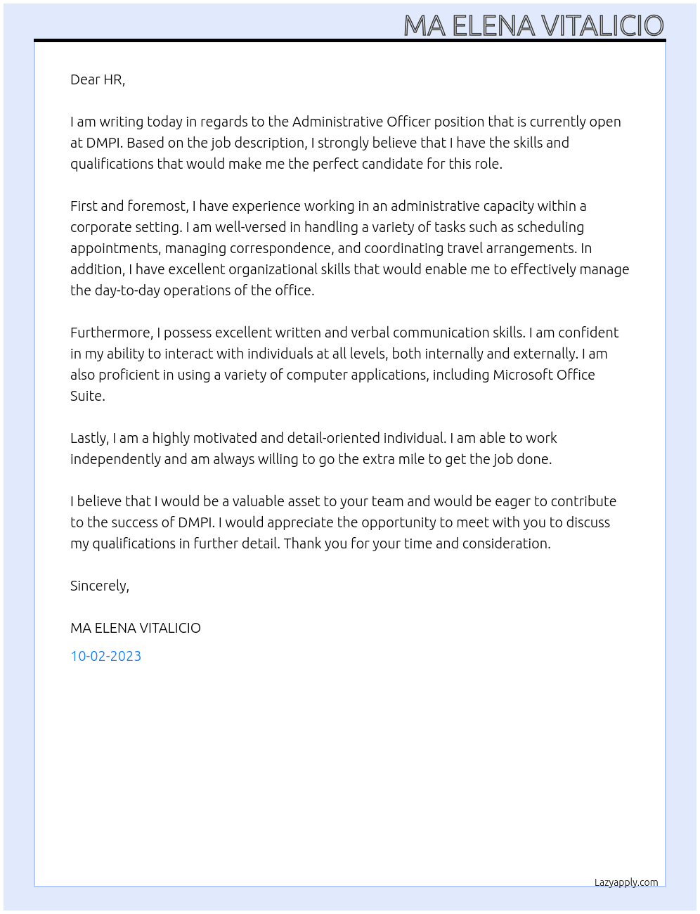 Administrative Officer At DMPI Cover Letter