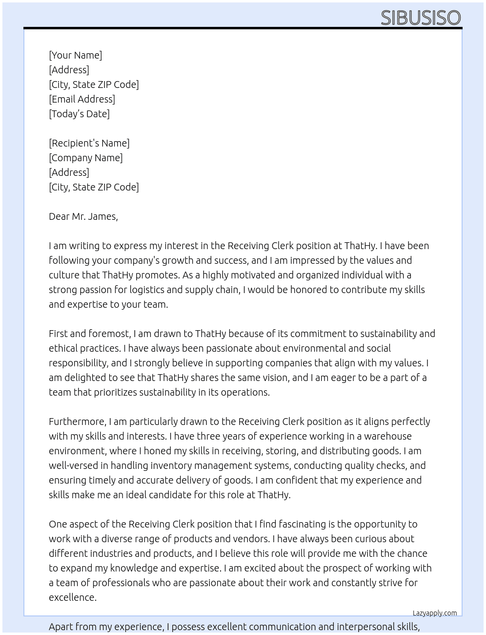 Receiving Clerk At thathy Cover Letter