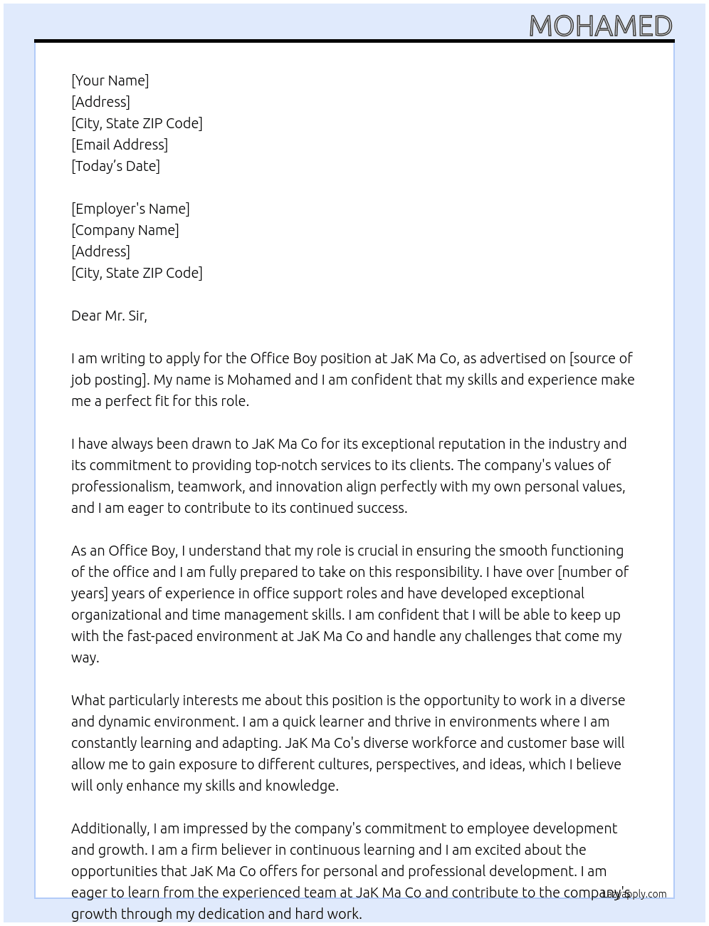 Office boy At JaK Ma Co Cover Letter