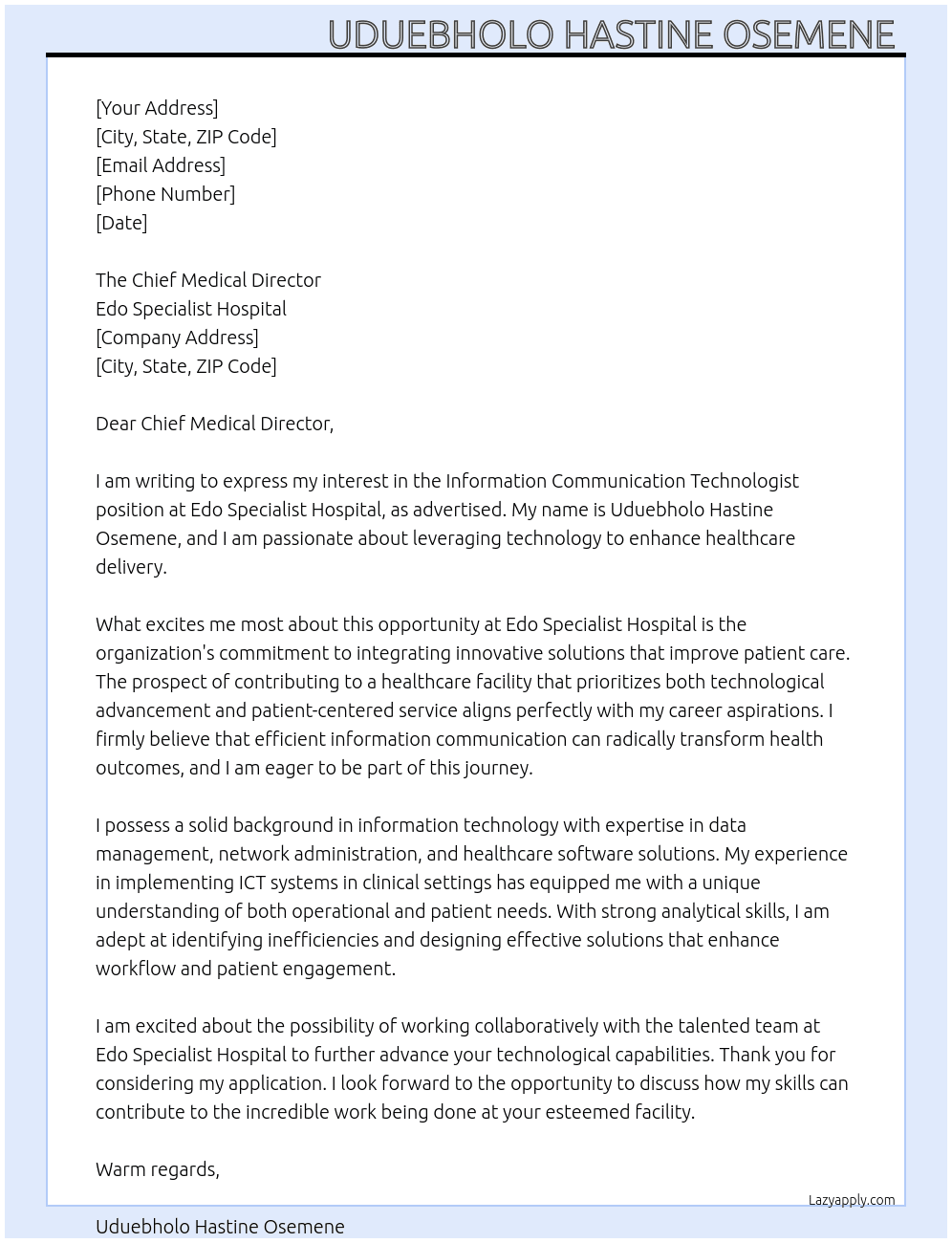 information communication technologist At Edo Specialist Hospital  Cover Letter