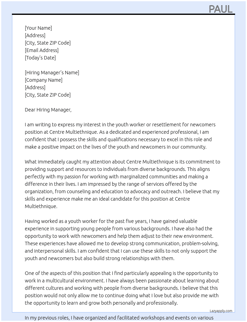 youth worker or resettlement for newcomers  At centre multiethnique  Cover Letter