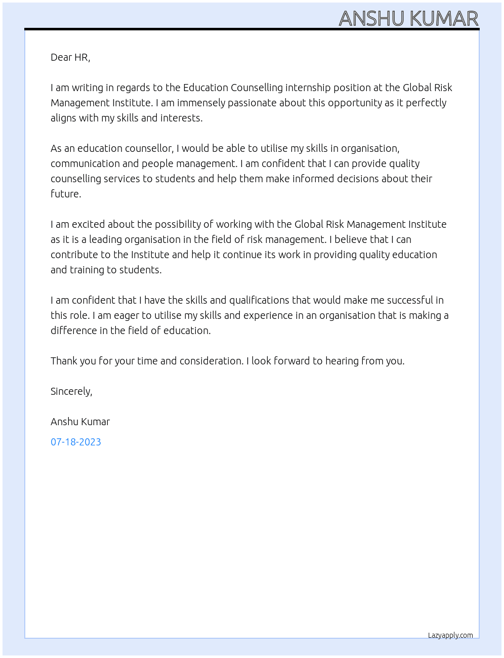 Education Counselling internship At Global Risk Management Institute Cover Letter