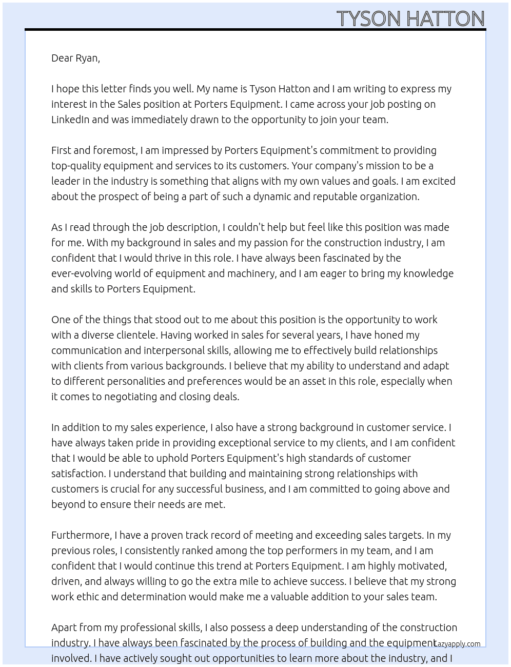 Sales At Porters Equiptment Cover Letter