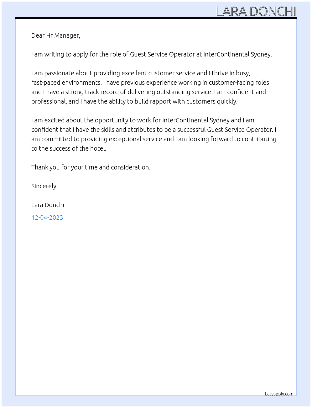 Guest Service Operator At InterContinental Sydney  Cover Letter