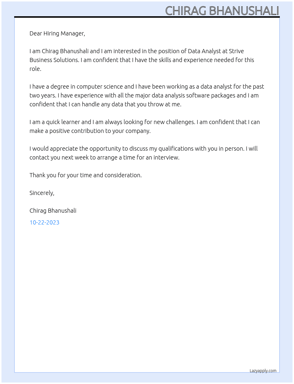 Data Analyst At Strive Business Solutions Cover Letter