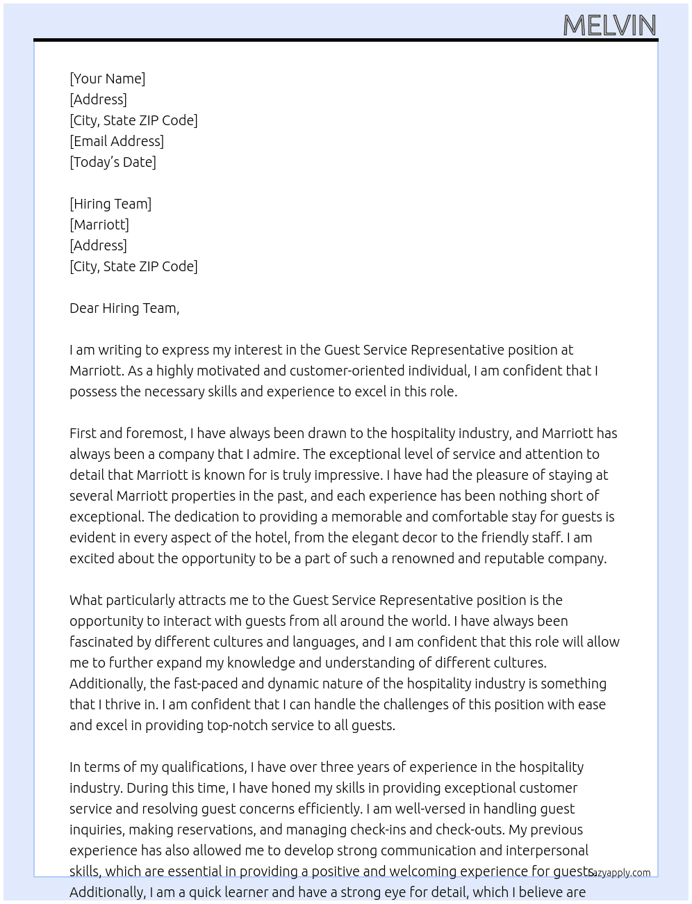 Guest service representative At Marriott Cover Letter