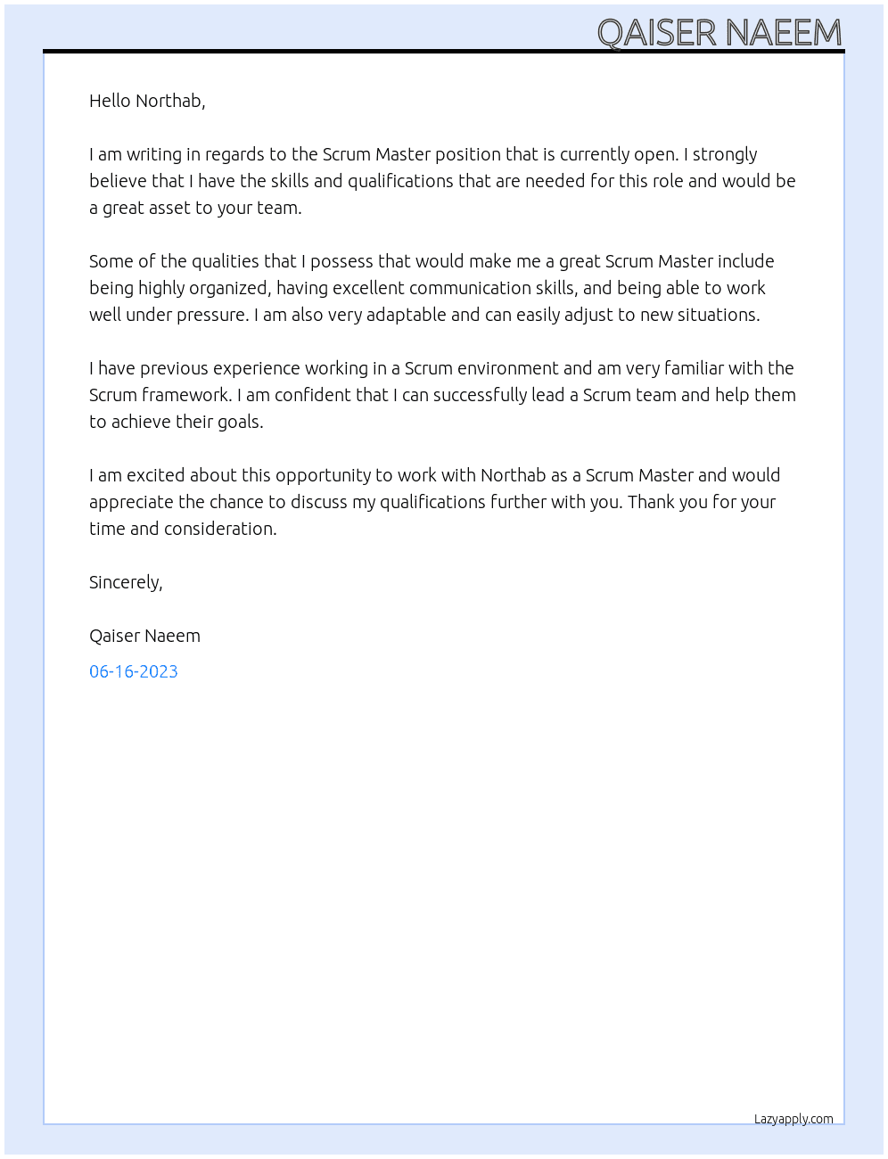 SCRUM Master At Northab Cover Letter